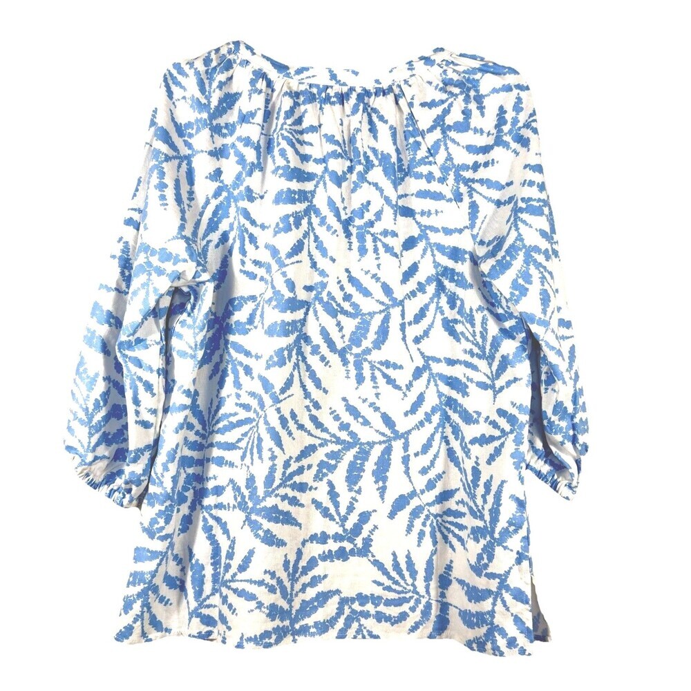 Linen Coastal Palm Print Top Peasant Blouse Blue White M NWT Nine West - Picture 3 of 7